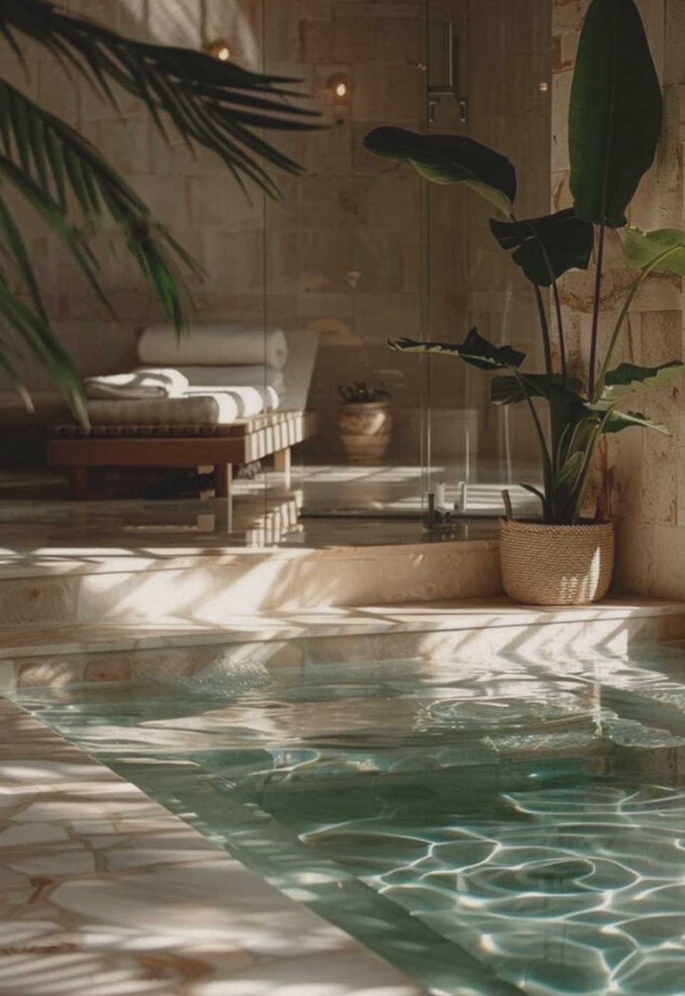 Una piscina de piedra en calma, dentro de una sala tranquila llena de plantas