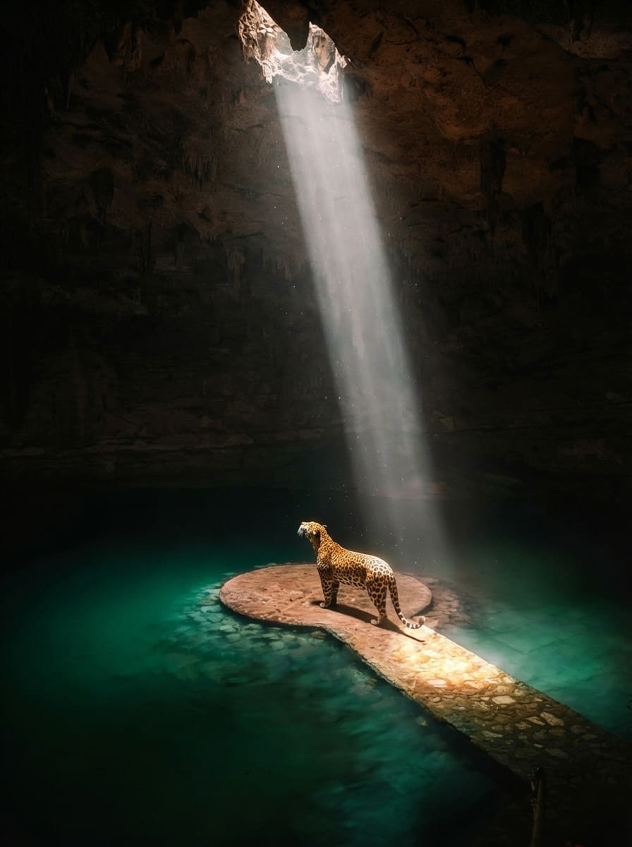 Un jaguar sobre una repisa de piedra bajo un haz de luz dentro de un cenote en la selva