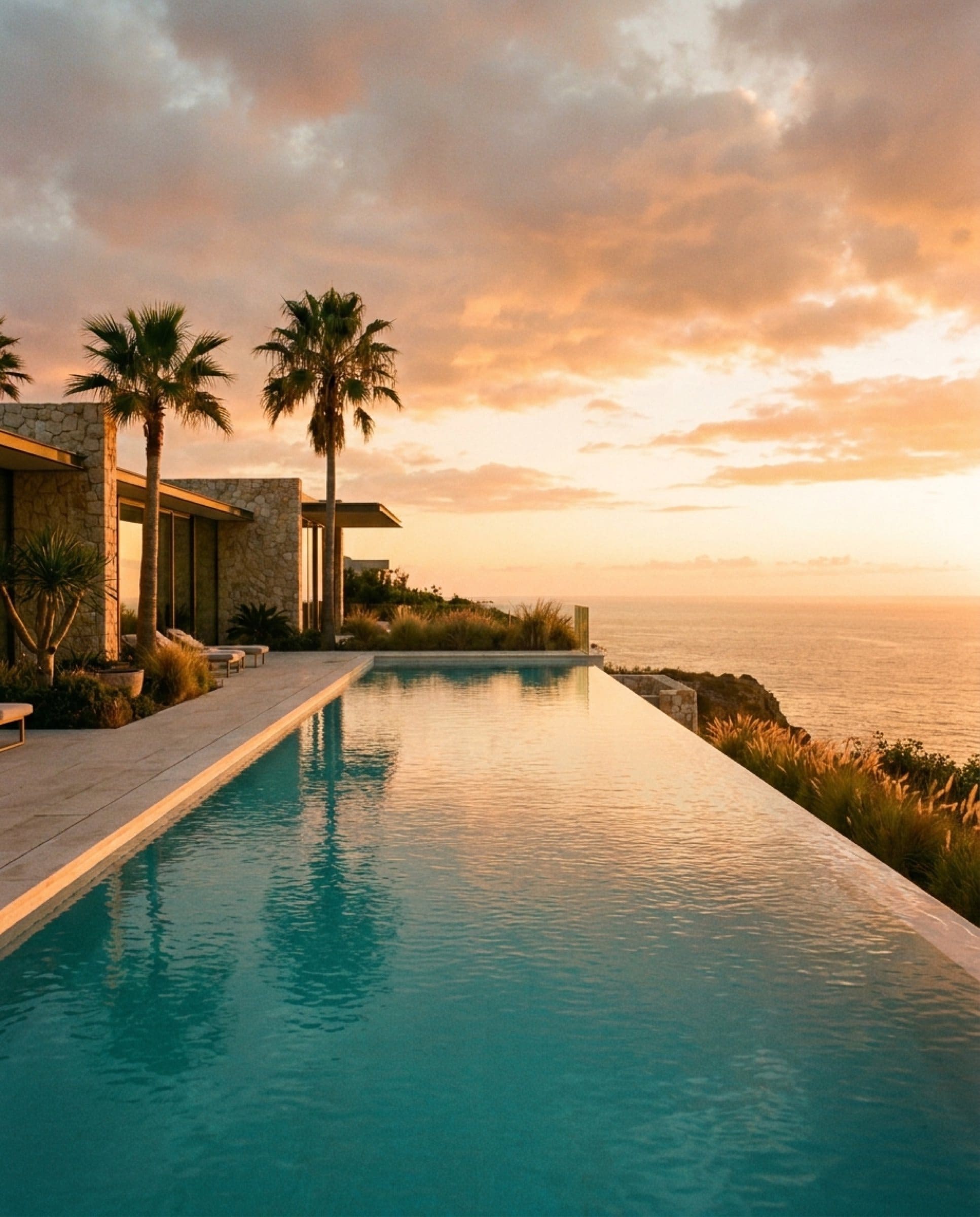 Una piscina infinita frente al mar al atardecer, bordeada de palmeras